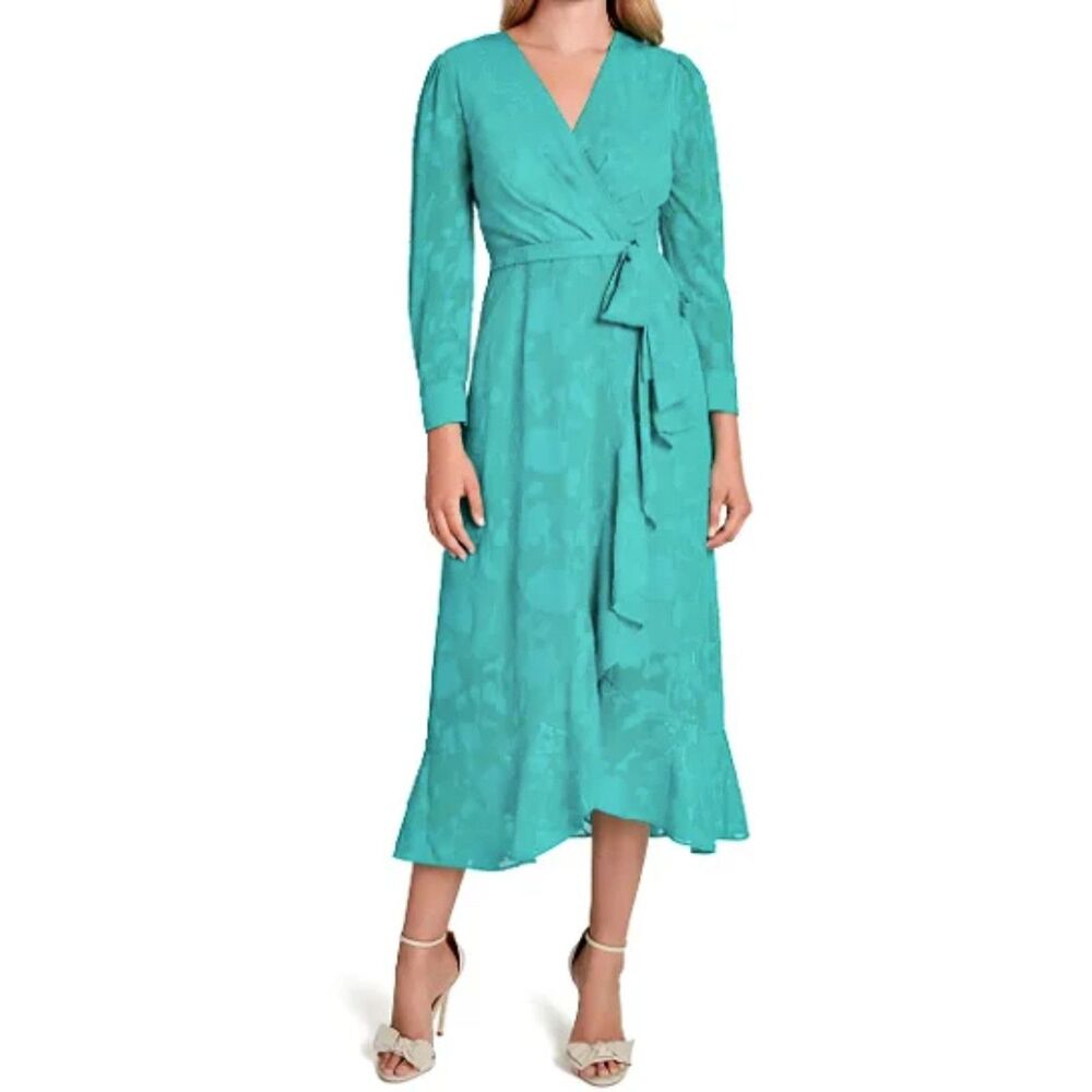 TAHARI | NWOT Green Textured Floral Flutter Midi Dress w/ Gold accents | Size 8